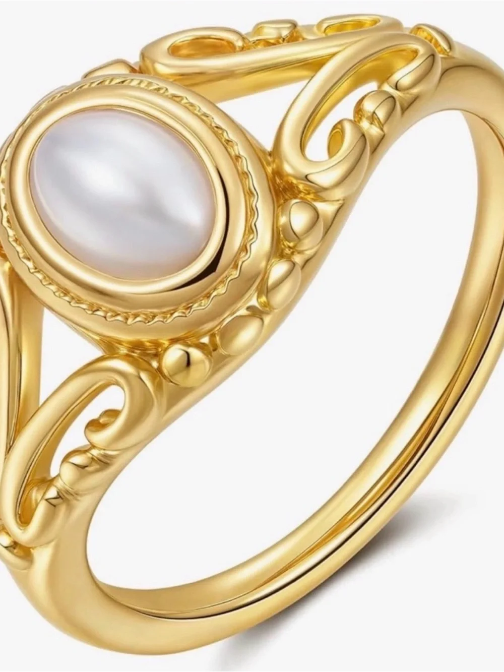 Gold Pearl Oval Filigree Ring - Women Jewelry